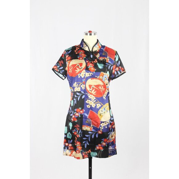 NWT ZARA Black Oriental Floral Crane Print Satin Cheongsam Mini Dress, Size S - Picture 1 of 13